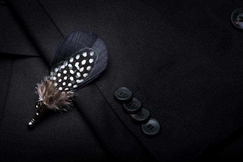 RBOCOTT Mens Handmade Feather Pre-tied Bow tie and Brooch Sets (black/white) - Image 5